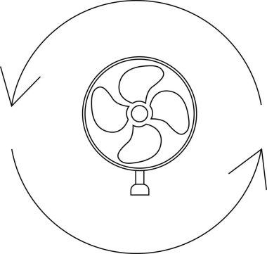 Havanın dolaşımını gösteren dairesel oklarla salınan bir yelpazenin basit bir çizgi çizimi, soğutma veya havalandırma kavramlarını resmetmek için uygundur.