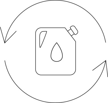 Yakıt geri dönüşümü ve sürdürülebilirliği temsil eden dairesel bir okun içinde damla sembolü olan basit bir yakıt kabı çizimi.