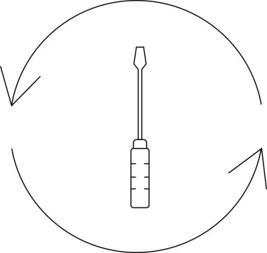 Dairesel oklarla çevrili bir tornavida içeren basit bir çizgi resim simgesi, onarım, bakım ve DIY projelerini temsil ediyor.
