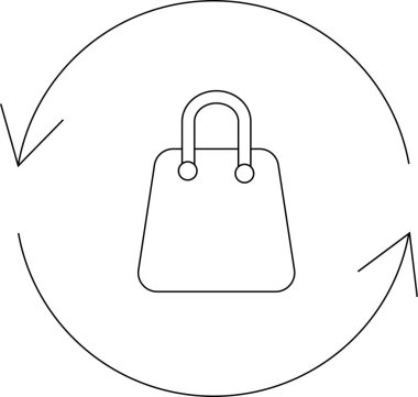 Oklarla çevrili bir alışveriş çantasının basit bir çizimi alışverişi, dönüşü veya alışveriş ve perakendenin döngüsel doğasını sembolize eder..
