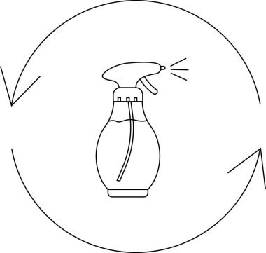 Dairesel oklarla çevrili bir sprey şişe ikonu, temizliği, geri dönüşümü ya da ferahlatıcıyı sembolize ediyor. Çok yönlü kullanım için basit satır sanatı.