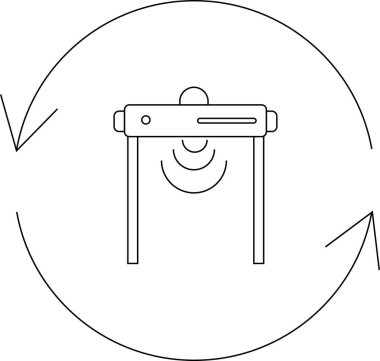 Hareket sensörlü, hareket veya otomasyon gösteren dairesel oklarla çevrili otomatik bir kapının çizgi çizimi..