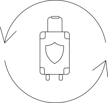 Bagaj sigortası ikonu, seyahat koruma konsepti, bagaj güvenliği garantisi. Etrafta oklar ve kalkanlarla dolu bavul. Vektör illüstrasyonu.