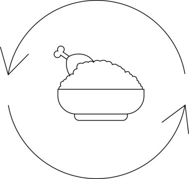 Yuvarlak oklarla çevrili tavuk bacaklı bir kase pirincin basit siyah beyaz çizimi..