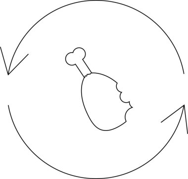 Dönen oklarla çevrelenmiş, yemek döngüsünü ya da tüketimi simgeleyen bir tavuk bacağının minimalist bir çizimi..