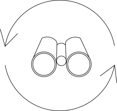 Oklarla çevrili, arama, keşif ve gözlem ve keşfin döngüsel doğasını sembolize eden bir dürbün çizgisi..