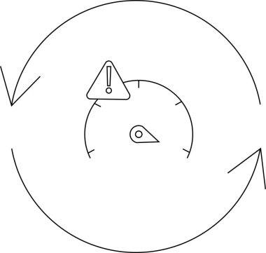 Hız göstergesi ve uyarı işaretiyle dairesel bir süreci gösteren kavramsal bir illüstrasyon, döngüdeki potansiyel sorunları veya kritik noktaları gösterir.