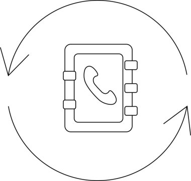 Telefon ahizesi sembollü bir telefon rehberi tasvir eden minimalist bir simge, dairesel oklarla çevrili, kontak senkronizasyonu ve veri transferini sembolize eden.