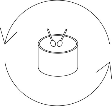 İçinde bagetler olan, dairesel oklarla çevrili, ritmi ve müziği basit bir sanat tarzıyla temsil eden bir davul.