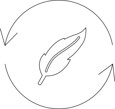 Oklarla çevrili bir dairenin içinde, ekolojik dostluğu ve sürdürülebilirliği temsil eden bir tüy çizimi..