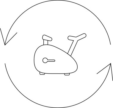 Dönen bir okla çevrili basit bir egzersiz bisikletinin çizgi sanat simgesi, fitness, sağlık ve bisiklet egzersizlerini sembolize eder..