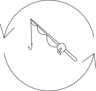 Balıkçı oltası simgesi dairesel oklarla çevrelenir, rotasyonu sembolize eder veya balıkçılık faaliyetleriyle ilgili döngüsel bir süreçtir.