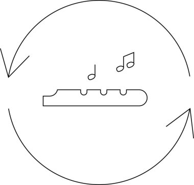Müzik notaları olan bir flüt içeren basit bir satır sanatı simgesi, dairesel bir ok döngüsü içinde, tekrarlama veya döngüleme önerir.