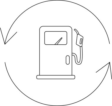Yakıt tüketimi ve yakıt ikmali döngüsünü sembolize eden dairesel oklarla çevrili bir benzin istasyonu pompasının basit bir çizimi.