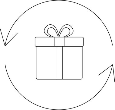 Oklarla çevrili bir hediye kutusunun basit bir çizgisi. Hediye değiş tokuşu ya da iade kavramını sembolize ediyor..