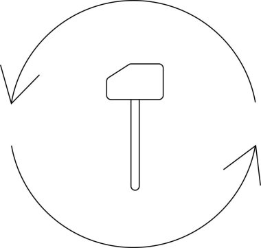 Dönüşü, alet kullanımını, inşaatı ve tamir sürecini sembolize eden dairesel okları olan çekiç simgesi. Çeşitli uygulamalar için basit tasarım.