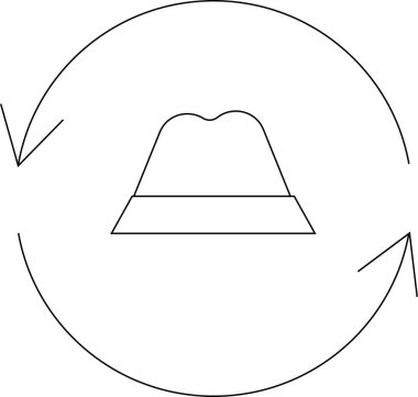 Oklarla çevrili basit bir şapka çizimi, dönüş, değişim ya da farklı perspektif ve rollerden oluşan bir döngü öneriyor..