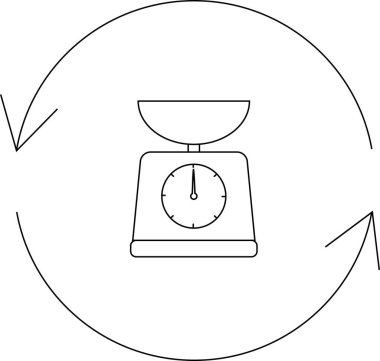 Çevresinde dairesel bir ok olan bir mutfak ölçeğinin basit bir çizgi çizimi bir döngü veya süreci gösterir..