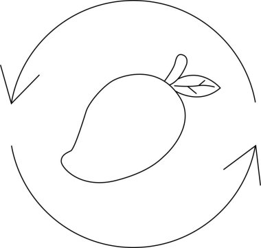 Bir geri dönüşüm sembolü içinde basit bir mango çizimi, çevre dostu gıda ambalajı ve sürdürülebilir uygulamaları desteklemek için ideal.