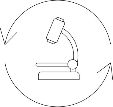 Bilimsel araştırma ve analizi sembolize eden oklarla çevrili bir mikroskobun minimalist çizgisi..