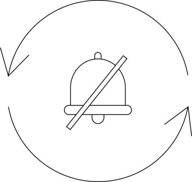 Bir minimalist çizgi sanat simgesi dairesel bir okla sessiz bir uyarı zili tasvir ediyor, hatırlatmaları sembolize ediyor veya işlevselliği durduruyor.