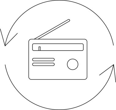 Dairesel okları olan radyo alıcı simgesi, basit, minimalist bir tasarımla yayın, iletişim ve bilgi yayılmasını sembolize ediyor.