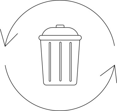 Atık yönetimi ve çevre bilincini sembolize eden dairesel oklu bir geri dönüşüm kutusunun basit bir çizgisi çizimi.