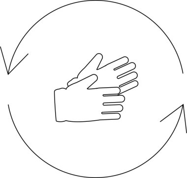 Döngüsel bir okun içindeki eldivenlerin simgesi, geri dönüşümü ve yeniden kullanımını, çevreyi koruma ve sürdürülebilirliği temsil ediyor..