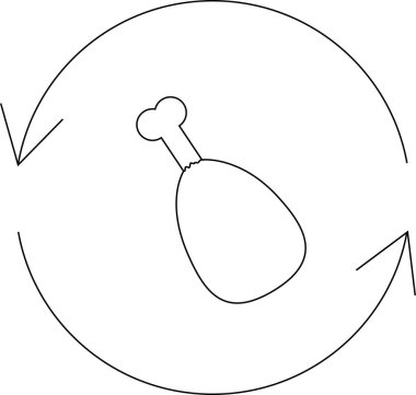 Dönen dairenin içindeki tavuk bacağının basit bir çizgisi çizimi, yemek, yemek pişirme veya restoran temaları için uygun..