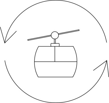 Dönen gondol kaldırmasını tasvir eden, kayak merkezlerinde ve kış etkinliklerinde ulaşımı sembolize eden bir minimalist çizgi sanat ikonu.