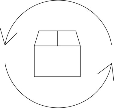 Dönen oklarla çevrili bir paketin minimalist bir çizgisi sanat tasviri, teslimatı, lojistiği veya ürün işlemeyi sembolize ediyor.