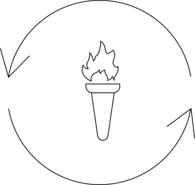 Alevli bir meşale dairesel bir hareketle oklarla çevrili, süregelen ilerlemeyi, yenilenmeyi ve süreçlerin döngüsel doğasını temsil ediyor..