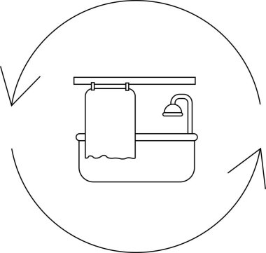 Banyo yenilenmesi, yenilenme ve yenilenmeyi temsil eden dairesel bir okun içinde duş ve perde olan basit bir küvet ikonu..