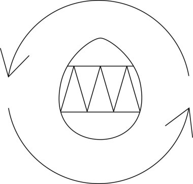 Üçgenlerle dolu biçimlendirilmiş yumurta şekli, dönüşümü, döngüleri ve potansiyeli sembolize eden oklarla çevrilidir. Basit siyah beyaz tasarım.