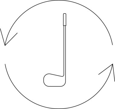 Dönen oklarla çevrili, sporu, eğlenceyi ve döngüsel hareketi sembolize eden bir golf sopası içeren minimalist bir ikon..