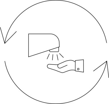 Kullanımda olan bir el kurutma makinesini tasvir eden, hijyen ve otomatikleştirilmiş sağlık uygulamalarını vurgulayan bir çizgi resim ikonu.