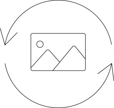 Görüntü dönüşünü gösteren basit bir çizgi sanat simgesi, dairesel oklarla çevrili bir çerçeve içinde bir manzara.