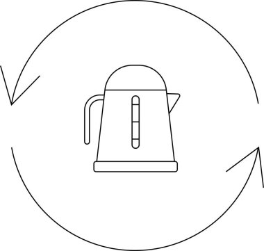 Tazeleme döngüsü sembolü ile çevrili bir çaydanlığı tasvir eden bir minimalist çizgi sanat simgesi, cihaz bakımı veya su kaynama süreçlerini göstermek için idealdir.