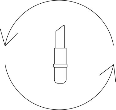 Bir geri dönüşüm sembolünün içinde ruj bulunan, sürdürülebilir güzellik uygulamalarını ve çevresel bilinci temsil eden bir minimalist çizgi sanat ikonu..