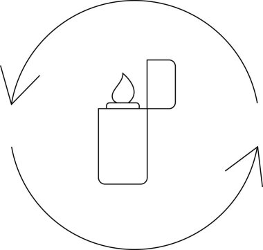Alevli bir çakmağın minimalist çizgisi. Dönüşü veya geri dönüşümü gösteren oklarla çevrili bir daire..