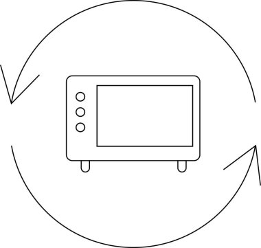 Döndürme okları olan bir mikrodalga fırının basit bir çizgi sanat simgesi, cihaz onarımını, servisini veya yedeğini simgeliyor.