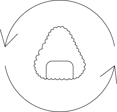 Dönen bir çemberin içindeki onigiri pirinç topunun minimalist siyah ve beyaz çizimi, yiyeceklerle ilgili tasarımlar için mükemmel..