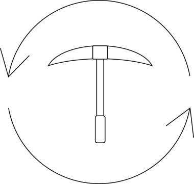 Dairesel okla çevrili bir kazmanın basit bir çizgi çizimi, madenciliği, dönmeyi veya döngüsel bir süreci sembolize eder.