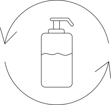 Yeniden kullanım ve sürdürülebilirliği sembolize eden, oklu bir çemberin içindeki doldurulabilir sabun dağıtıcısının basit bir çizgi çizimi.