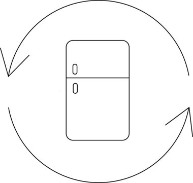 Bir geri dönüşüm sembolü içinde sürdürülebilir cihaz imhası ve çevresel sorumluluğu temsil eden bir buzdolabı tasvir eden bir minimalist çizgi sanat ikonu.