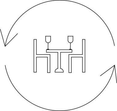 Bir restoran masası sandalye ve şarap bardaklarıyla çevrili, döner okla çevrili, verimli servisi ve masa dönüşümünü simgeliyor..