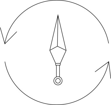 Japon ninja silahı olan kunai 'nin basit bir çizgi çizimi, beyaz bir arka planda izole edilmiş, dönen veya hareket eden oklarla çevrelenmiş..