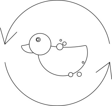 Oklarla çevrili kauçuk bir ördeğin basit bir siyah beyaz çizimi, dönmeyi ya da hareketi öneriyor..