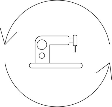 Bir dikiş makinesi simgesi, imalat veya el işi akışlarını resmetmek için ideal, sürekli bir süreç veya döngüyü sembolize eden oklarla çevrilidir..