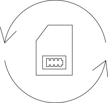 Dairesel bir ok içinde SIM kartı tasvir eden basit bir satır sanatı simgesi, döndürmeyi veya mobil ağ bağlantıları arasında geçiş yapmayı sembolize eder.